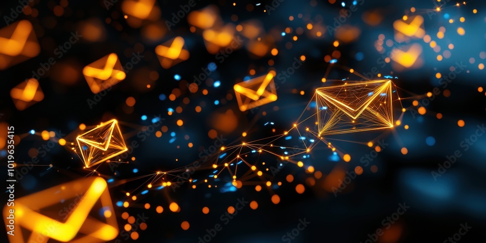 Aufkleber digital representation of glowing email icons connected by a network of lights on a dark background.