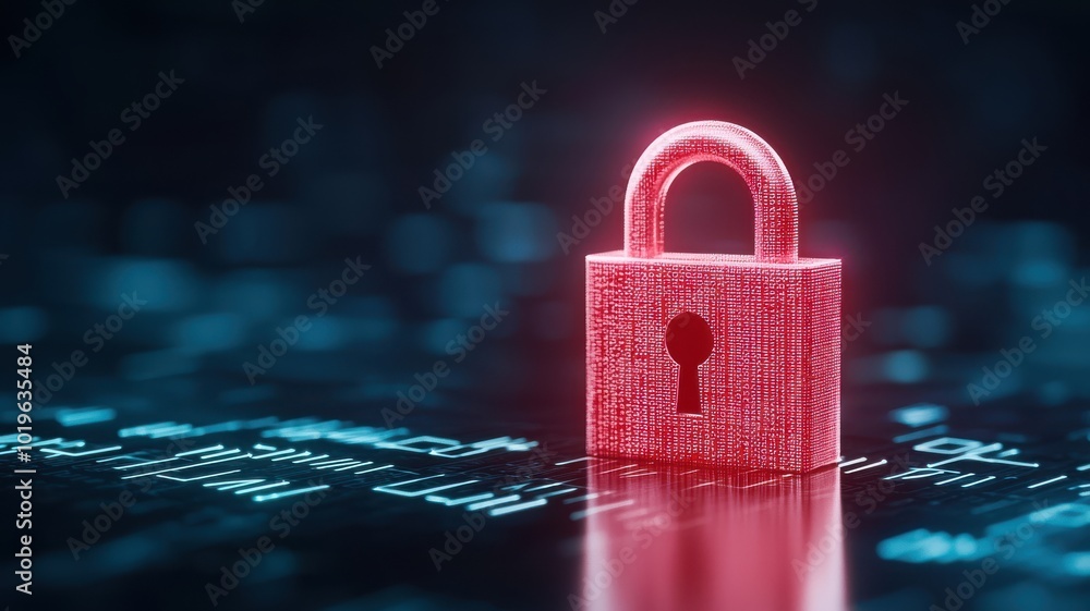 Poster digital security concept featuring a glowing red padlock on a blurred data background.