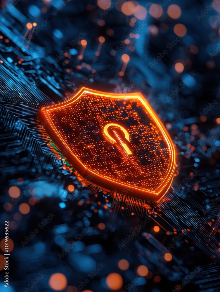 Poster digital security shield symbolizing data protection, illuminated with vibrant orange against a tech-