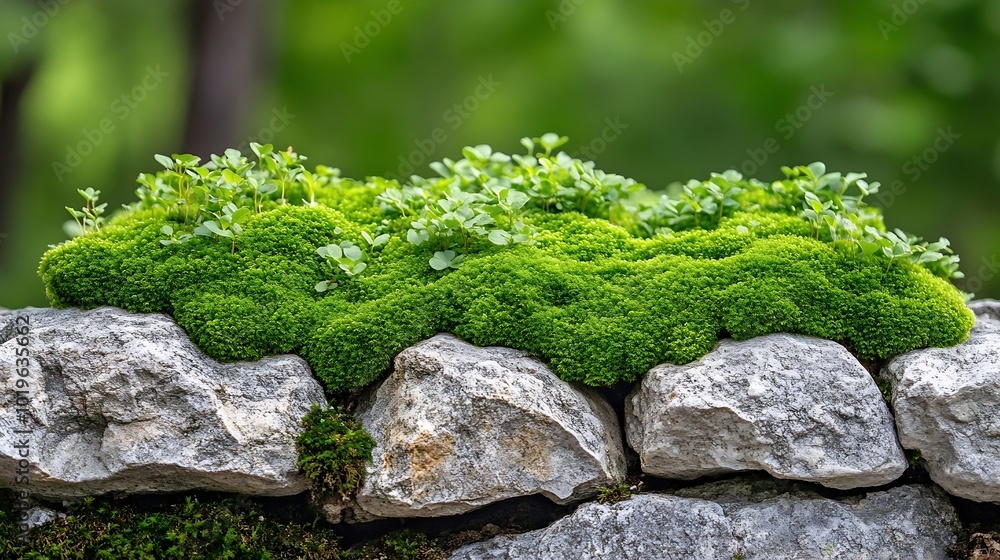 Poster beautiful bright green moss grown up cover the rough stones and on the floor in the forest show with