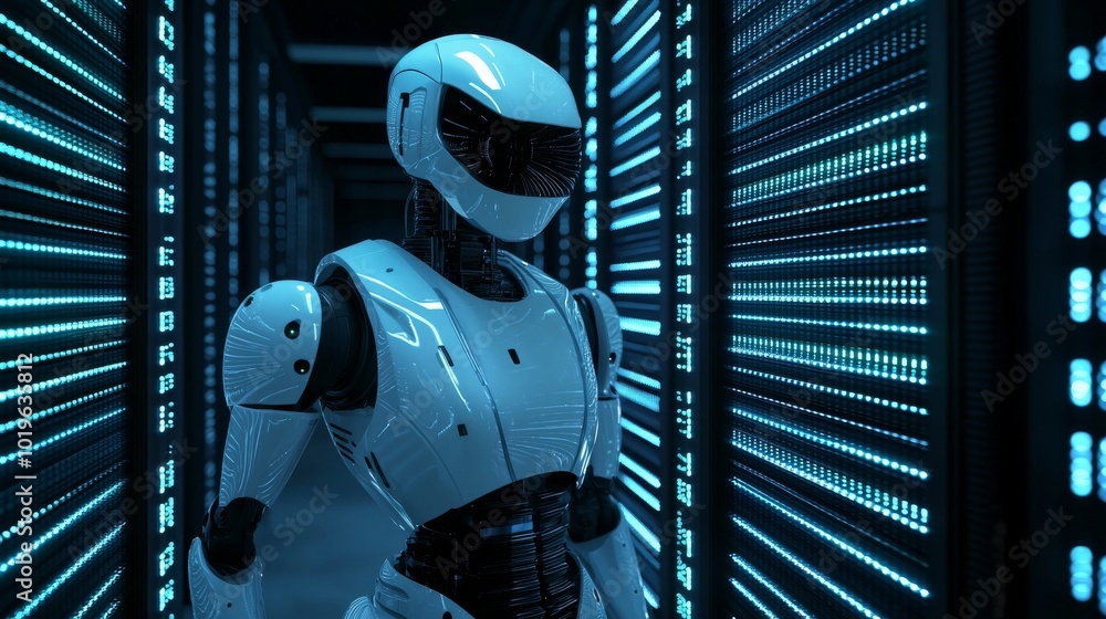 Poster a futuristic robot stands in a server room illuminated by blue lights, symbolizing advanced technolo