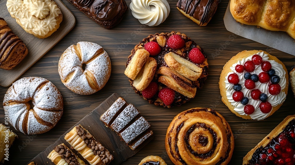 Poster assorted pastries on a table top view : generative ai