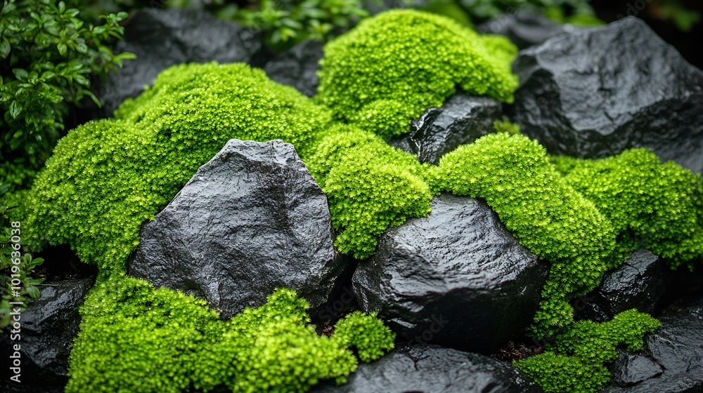 Poster beautiful bright green moss grown up cover the rough stones and on the floor in the forest show with