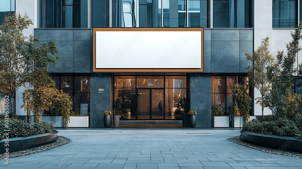 Poster advertising billboard mockup in front of the office building : generative ai