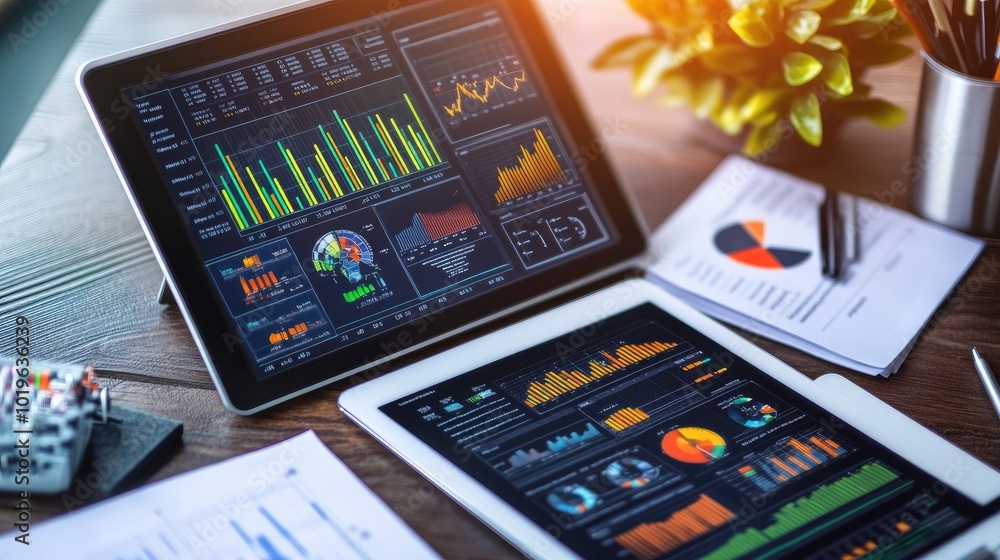 Aufkleber data analysis on tablets with charts and reports