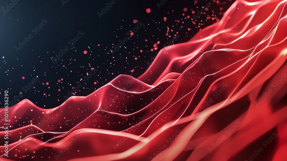 Poster a captivating digital wave of red hues, creating a sense of depth and movement against a dark backgr