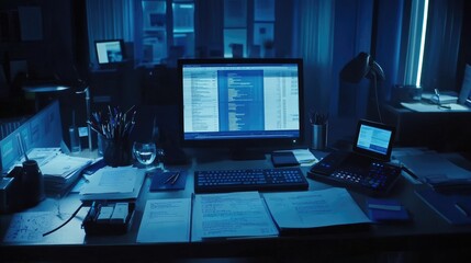 Dark Office Desk with Computer and Papers at Night
