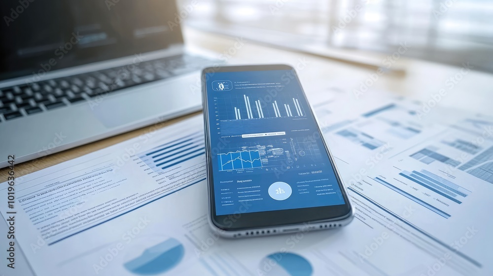 Poster modern smartphone with data visualization on table