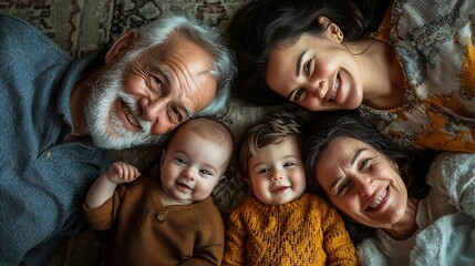 Family of 5 people including parents including 0 year old babies and senior grandparents who lie on the flooring : Generative AI