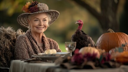 Thanksgiving Elegance: A charming senior woman shares a heartwarming moment with a turkey at a Thanksgiving table setting, exuding autumnal warmth and festive cheer.