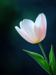 Fototapeta premium Elegant white tulip with soft pink hues against a blurred dark background.