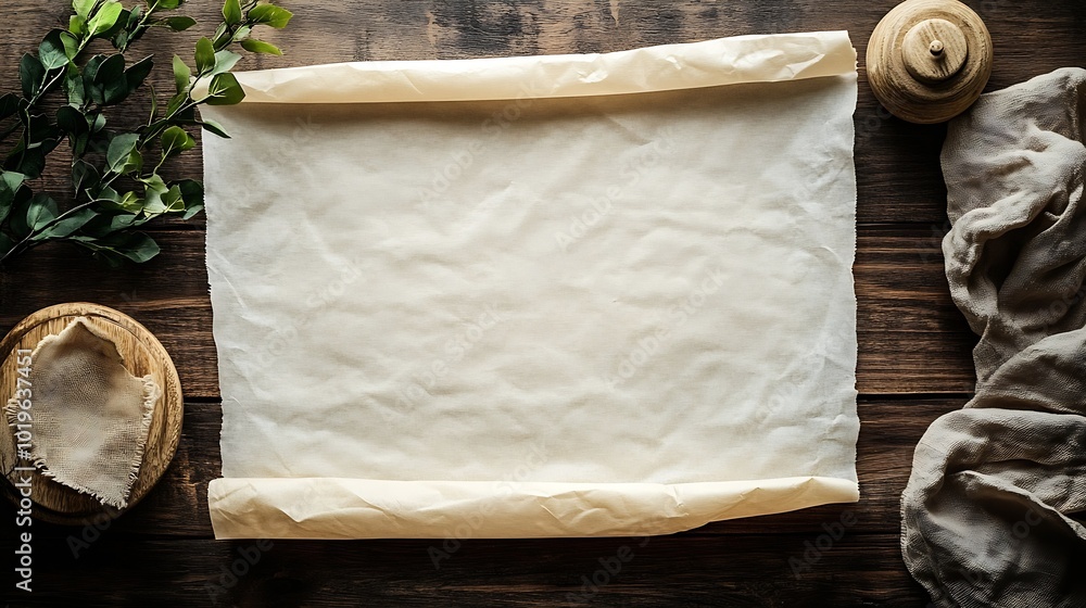 Poster top view with baking parchment empty on table background folded cloth for mockup with copy space fla