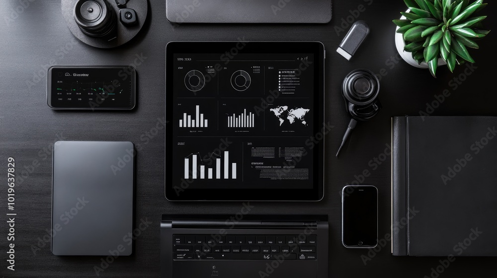 Poster modern workspace with data visualization and technology