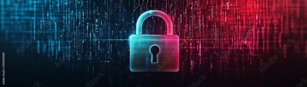 Poster a digital lock symbol surrounded by a matrix of binary code in blue and red hues, representing cyber
