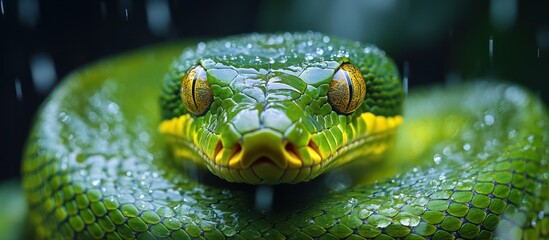 Fototapeta premium Close-up of a green snake with yellow eyes in the rain.