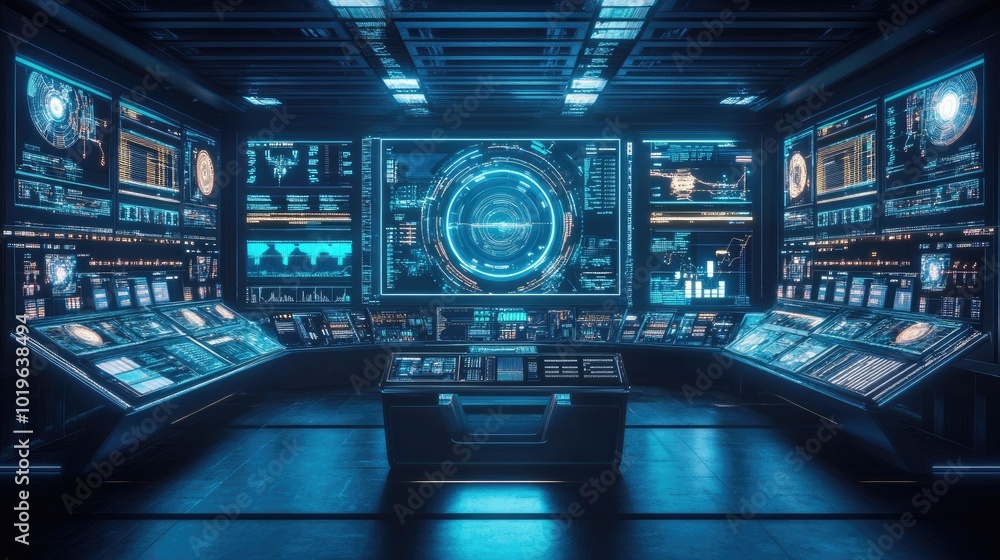 Poster futuristic control room with advanced displays and interfaces