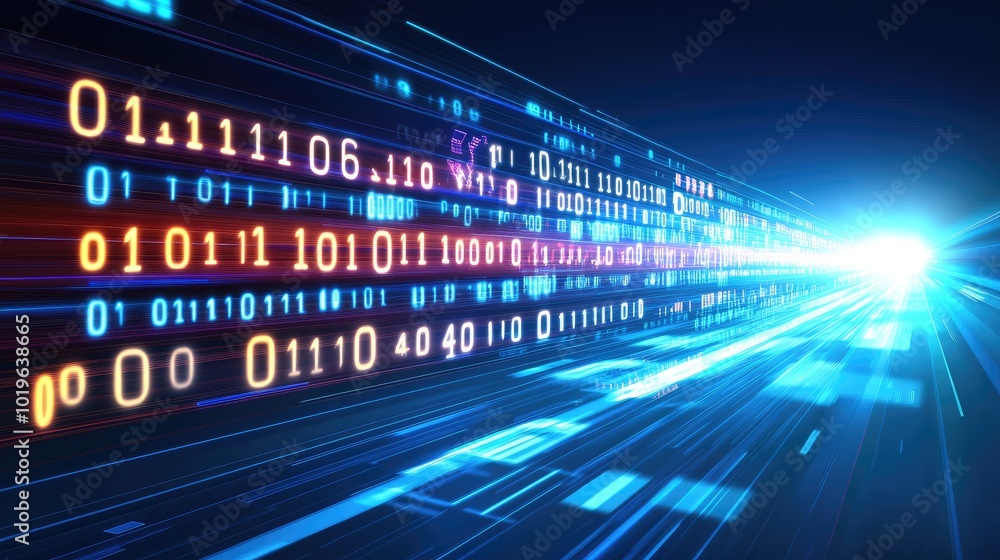Poster digital data flow with binary code and light effects