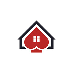 A logo featuring a house shape with a heart-shaped center. The house is outlined in black with a red heart and a white window.
