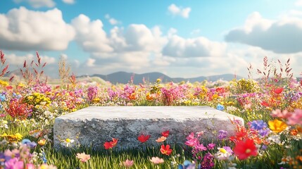 Abstact 3d render spring scene and Natural background Stone podium on the colorful flowers and grass field backdrop blue sky and cloud for product display advertising mockup or etc : Generative AI