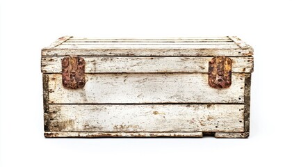 A rustic wooden chest with a weathered white finish and metal clasps, ideal for storage or decorative purposes.