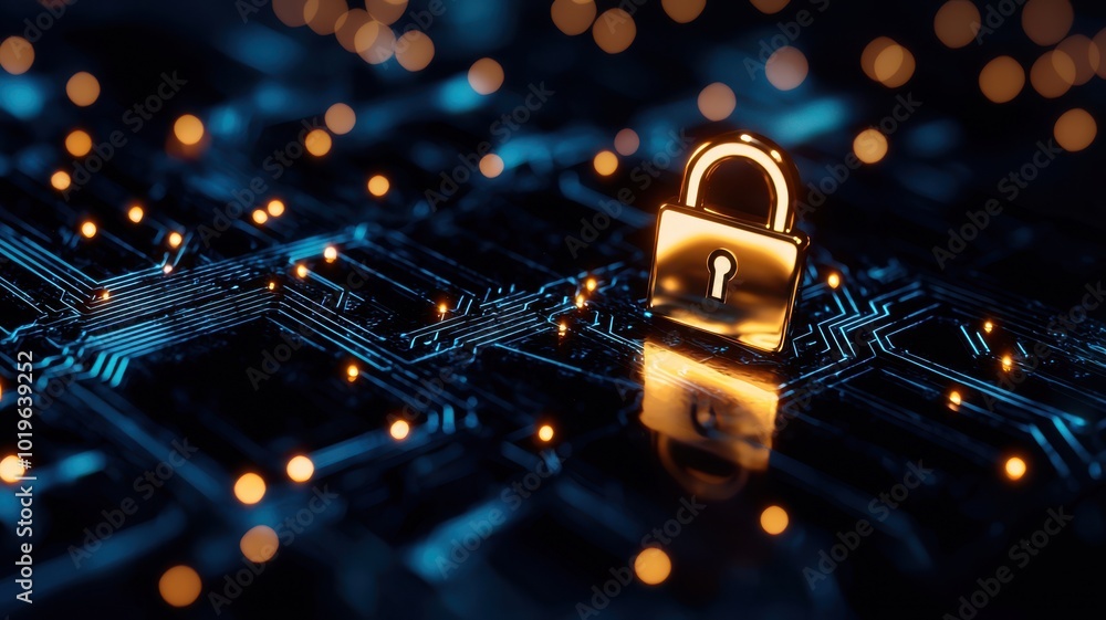 Poster golden padlock on a circuit board background with glowing lights, symbolizing digital security and p
