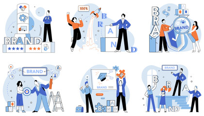 Brand building vector illustration. Brand identity, mosaic, creates visual and emotional tapestry in process brand building Brand, conductor, orchestrates symphony elements during brand-building