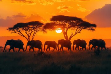 Obraz premium silhouette of majestic elephant herd traversing golden savanna at dusk backlit by a vibrant orange sun with sparse acacia trees dotting the foreground