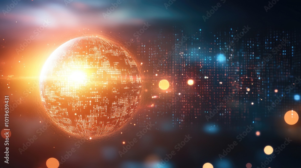 Poster digital globe in vibrant light with data background