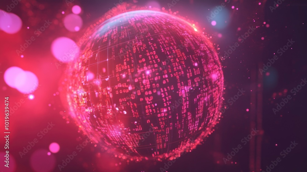 Poster abstract digital globe with glowing particles and data