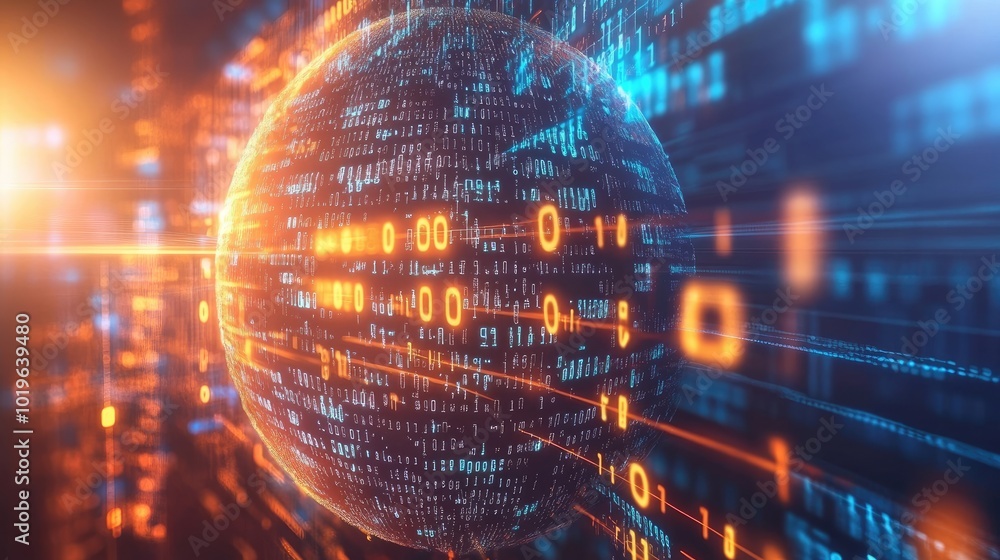 Poster digital world with binary codes and light effects