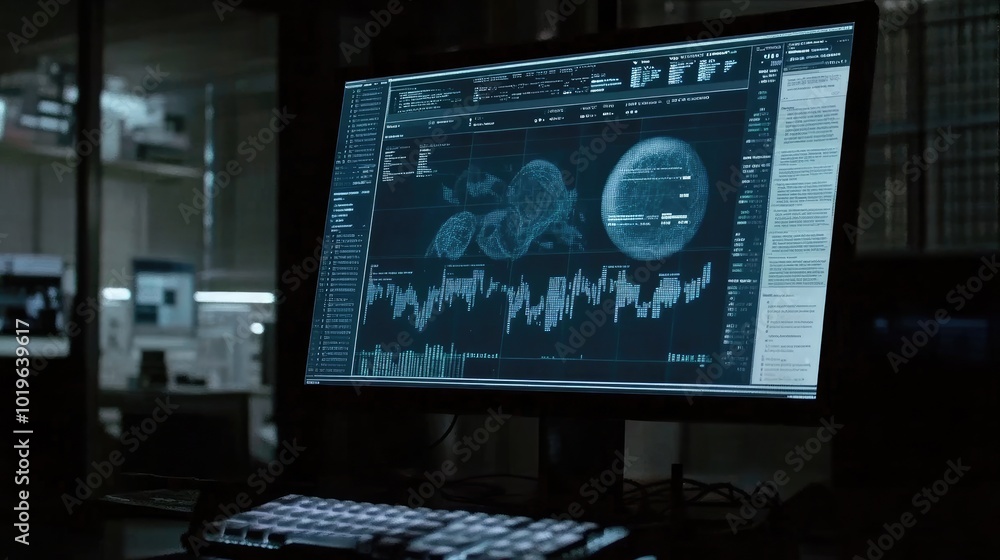 Poster dark technology interface with data visualization screen