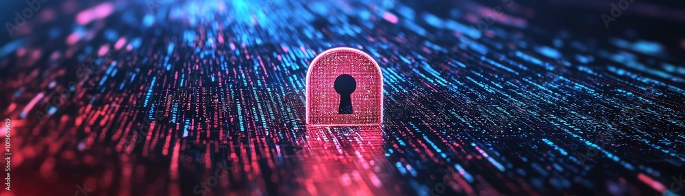 Poster a digital lock highlighted by vibrant blue and red data streams symbolizes cybersecurity and data pr