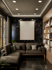A modern, elegant living room featuring a sofa, a large frame mockup mounted on a black marble wall.