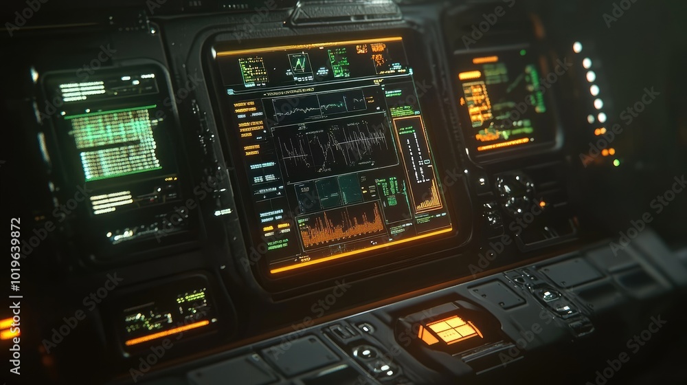 Poster futuristic control panel with digital displays and data