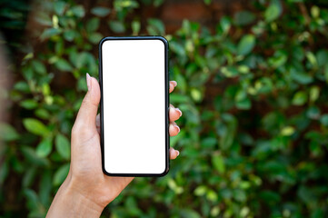 A close-up of a woman's hand holding a smartphone, set against a blurred background of green bushes.