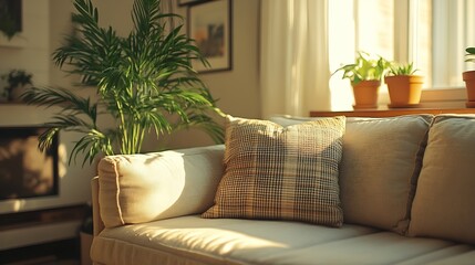 Naklejka premium Living room with scandinavian interior comfortable couch with pillows and soft plaid near window green plant in pots and picture on wall shelf Stylish apartment with design in light to : Generative AI