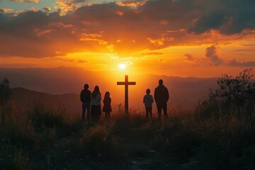 silhouetted family gathers at sunset a christian cross between them embodying prayer and unity in a serene landscape conveying spirituality and community