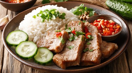 Delicious Asian Cuisine with Rice and Pork Dish