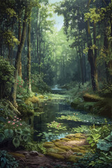 Obraz premium Enchanted Forest Stream with Water Lilies 