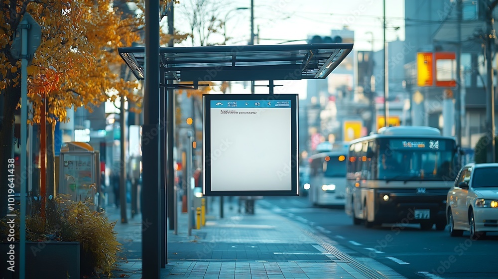Poster white bus stop billboard poster in a station with cars in moving in the background front view mockup