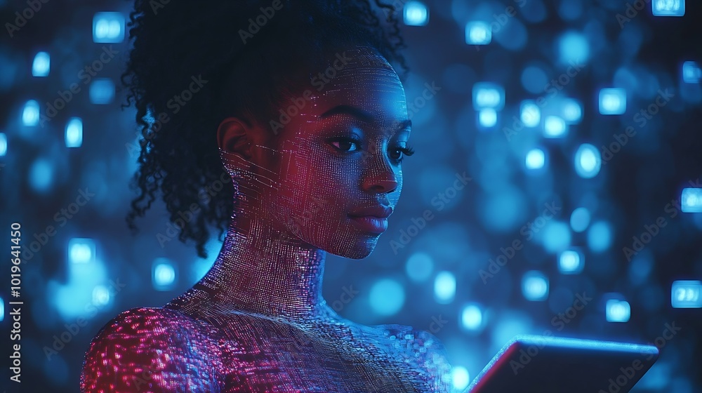 Fototapete Black woman with tablet erp data hologram and innovation research and programming in future information technology Futuristic network analytics and developer for startup business websi : Generative AI