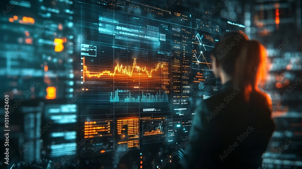 Poster Computer data hologram hud or woman review finance chart stock market database or futuristic night overlay Forex investment dashboard web ecommerce or African trader trading NFT or bit : Generative AI