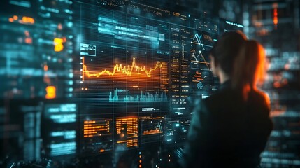 Computer data hologram hud or woman review finance chart stock market database or futuristic night overlay Forex investment dashboard web ecommerce or African trader trading NFT or bit : Generative AI