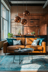 a photo of a gorgeous modern industrial interior with leather sofa, brown and blue colors, copper, bright interior, sunlight