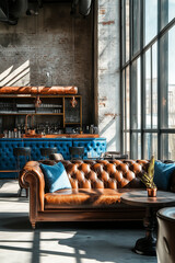 a photo of a gorgeous modern industrial interior with leather sofa, brown and blue colors, copper, bright interior, sunlight