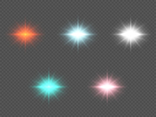 Vector Transparent Sunlight set. Special lens flare effect. Set of flashes, Lights and Sparkles isolated on a transparent background. Light effects, stars burst, sparkles. Glow stage flash with rays.