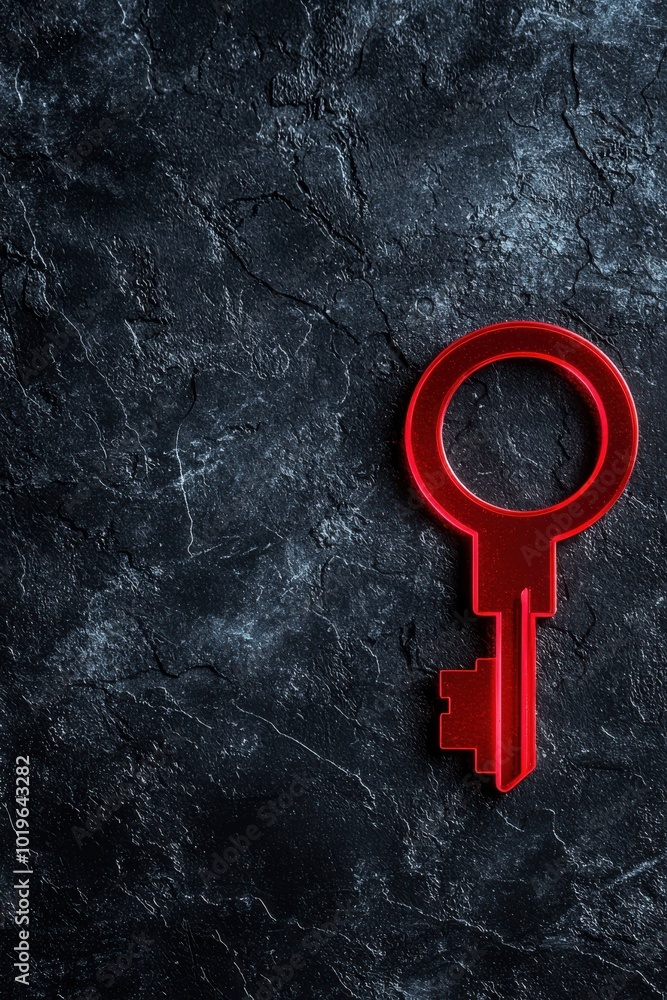 Poster red key on a dark textured background, symbolizing security and access.
