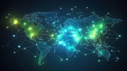 digital world map with glowing grid lines, network connections, and bright blue and green data points symbolizing global communication 