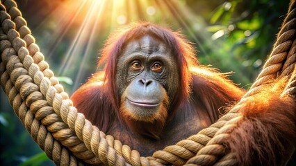 Obraz premium A Gentle Giant Gazes Through the Golden Rays of the Sun as It Hangs From a Thick Rope