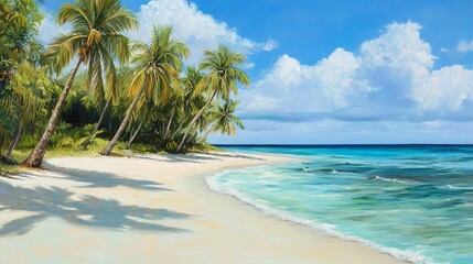 Palm trees line a pristine, sandy beach with turquoise water lapping at the shore under a bright blue sky with puffy white clouds.